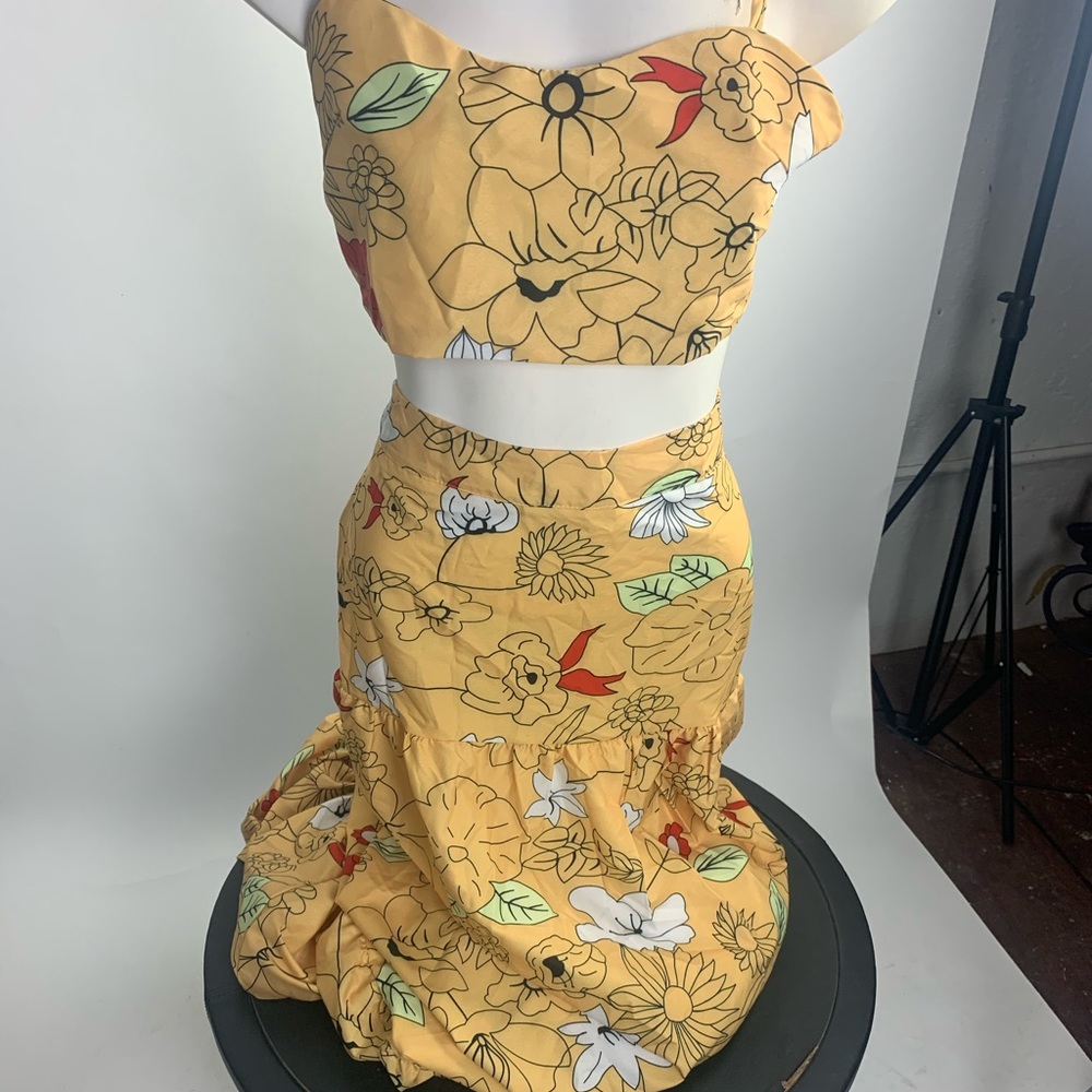 Summer Yellow Floral Crop and Long Skirt